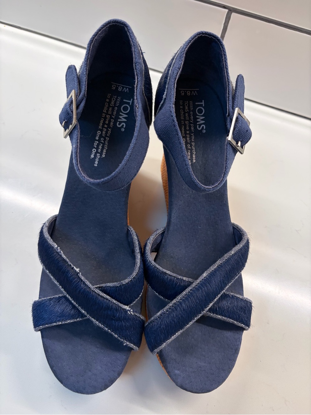 TOMS Navy Blue Crisscross Wedge Sandals with Ankle Buckle